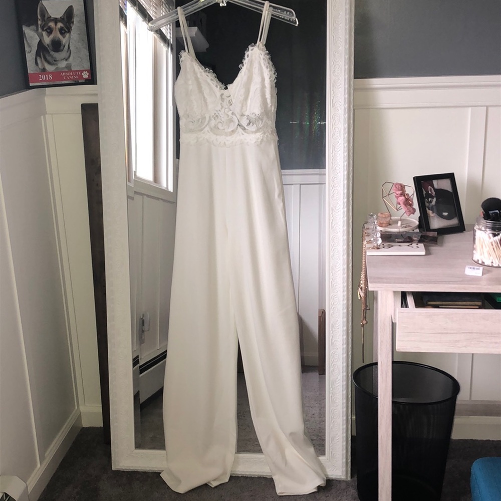 White lace top zip up jumpsuit
